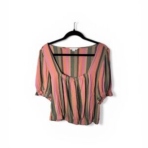 American Eagle Green Pink Striped Square Neck Top Elastic Hem Size Large